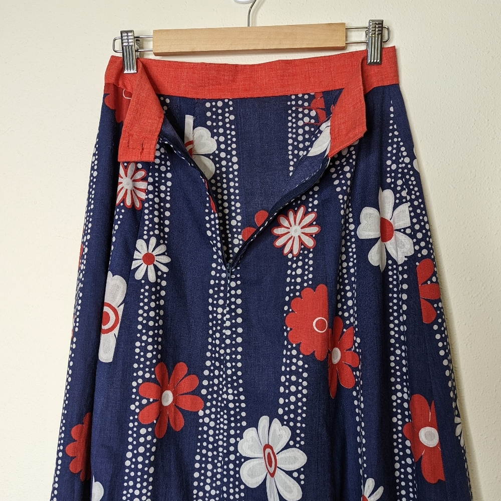 Vintage 70s Handmade Red White Blue Flower Power Maxi Skirt - Picture 8 of 10